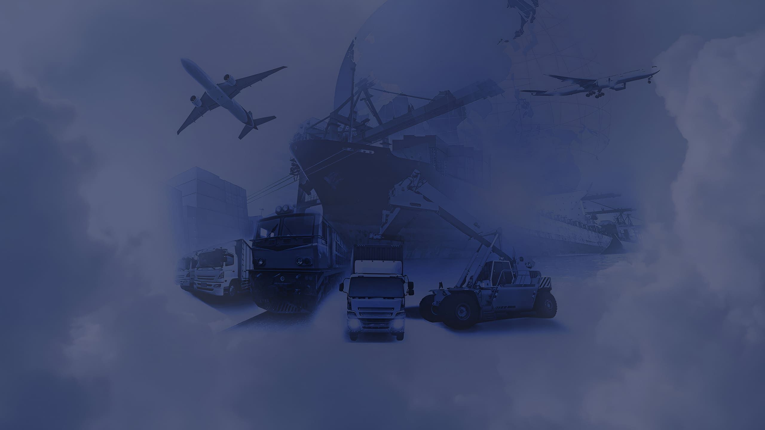 Collage of various modes of transport such as airplane, cargo ship, truck, and freight train in front of a globe in fog